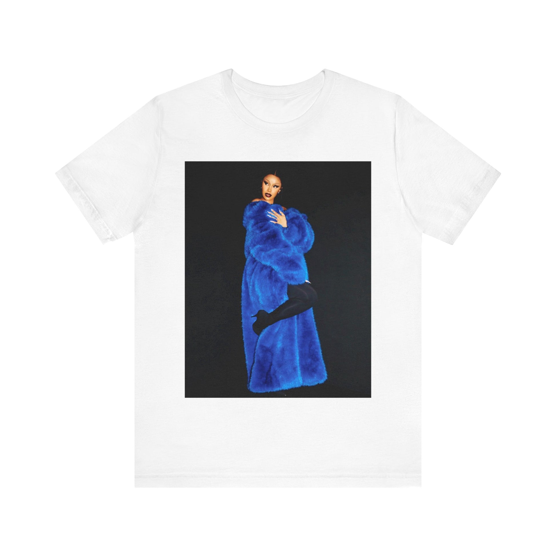 A black graphic t-shirt featuring a photo of Cardi B, possibly with blue velvet elements or a luxurious blue aesthetic.