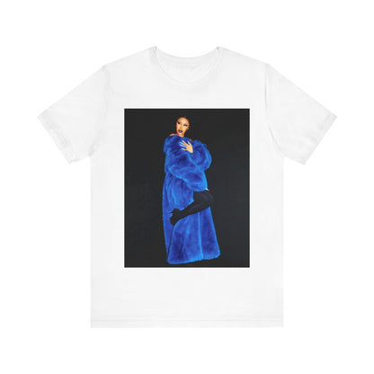 A black graphic t-shirt featuring a photo of Cardi B, possibly with blue velvet elements or a luxurious blue aesthetic.