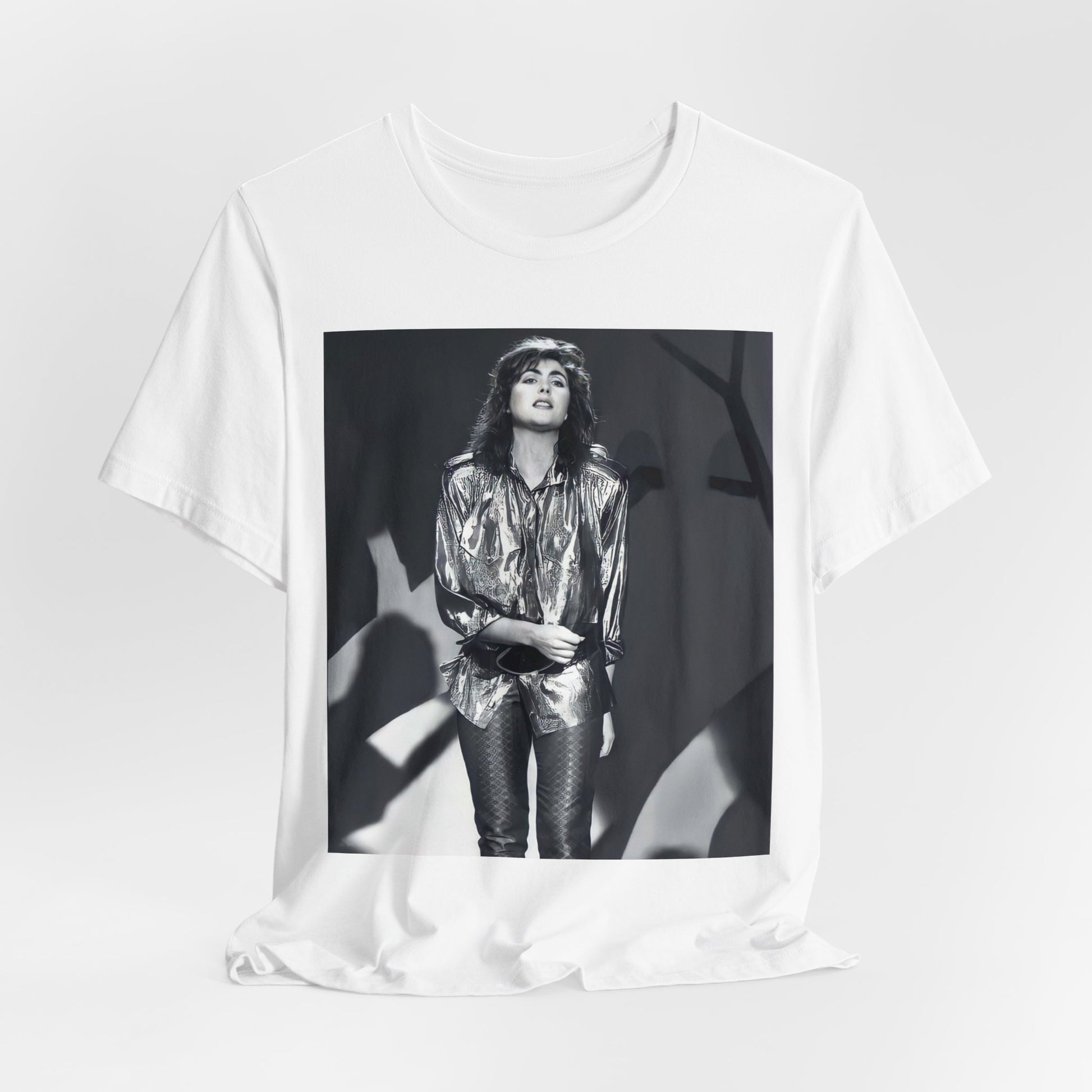 A black graphic t-shirt featuring a graphic of Laura Branigan emphasizing her timeless voice.