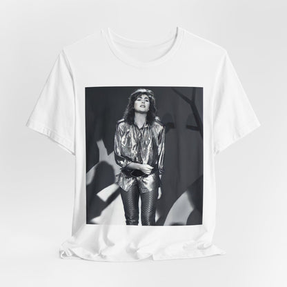 A black graphic t-shirt featuring a graphic of Laura Branigan emphasizing her timeless voice.