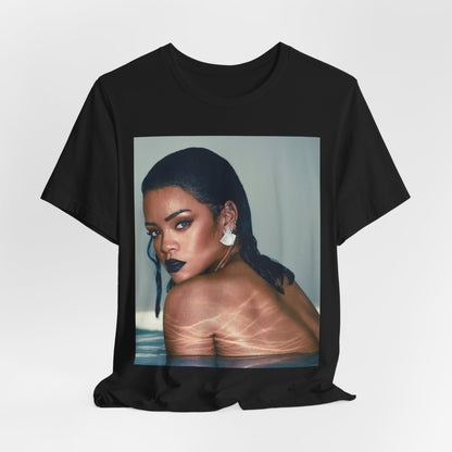 A black graphic t-shirt featuring a vintage pop icon graphic of Rihanna.