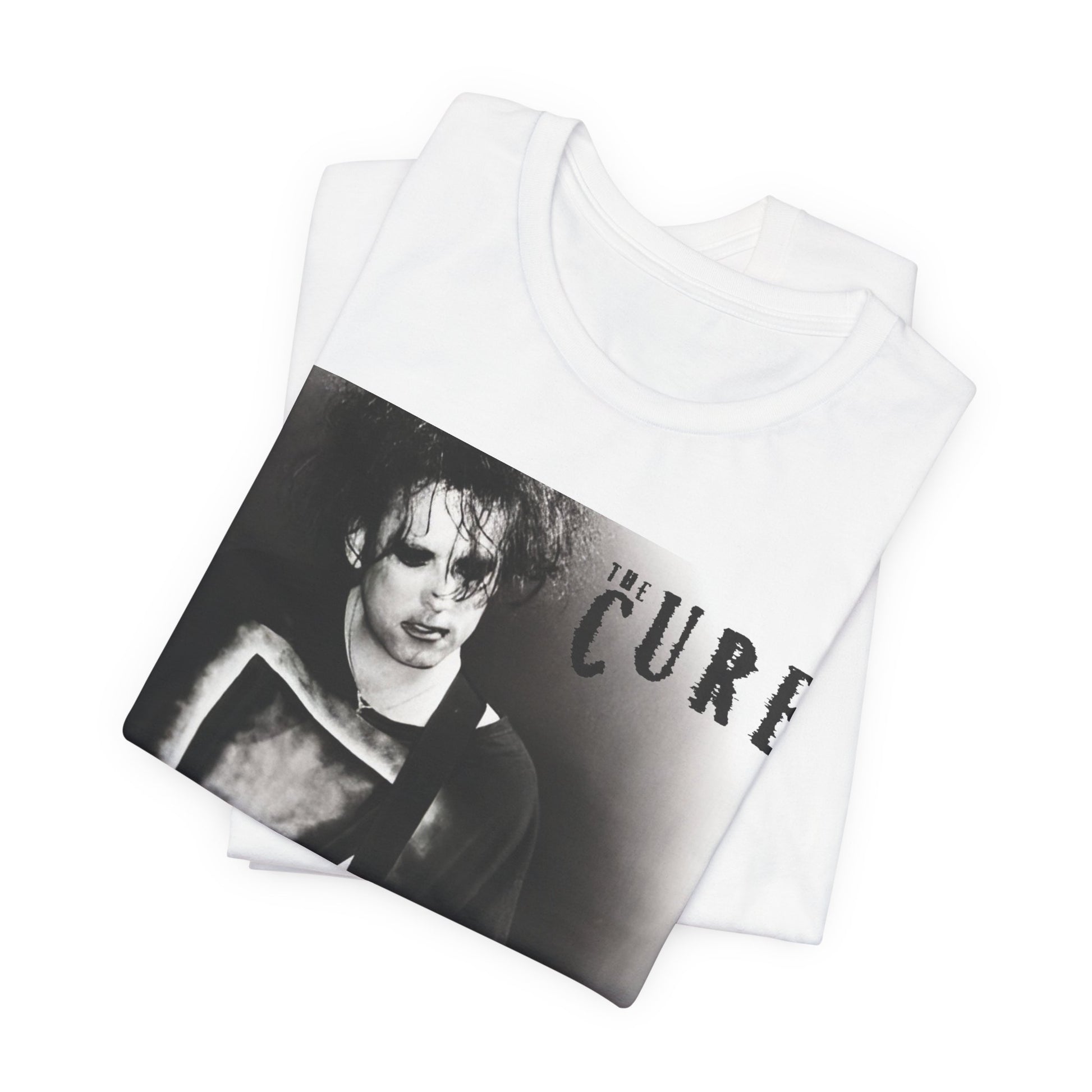 A black graphic t-shirt featuring a vintage goth rock graphic of The Cure.