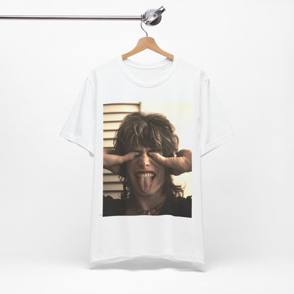A black graphic t-shirt featuring a vintage 70s band photo of Aerosmith, showing the members in their iconic early looks.