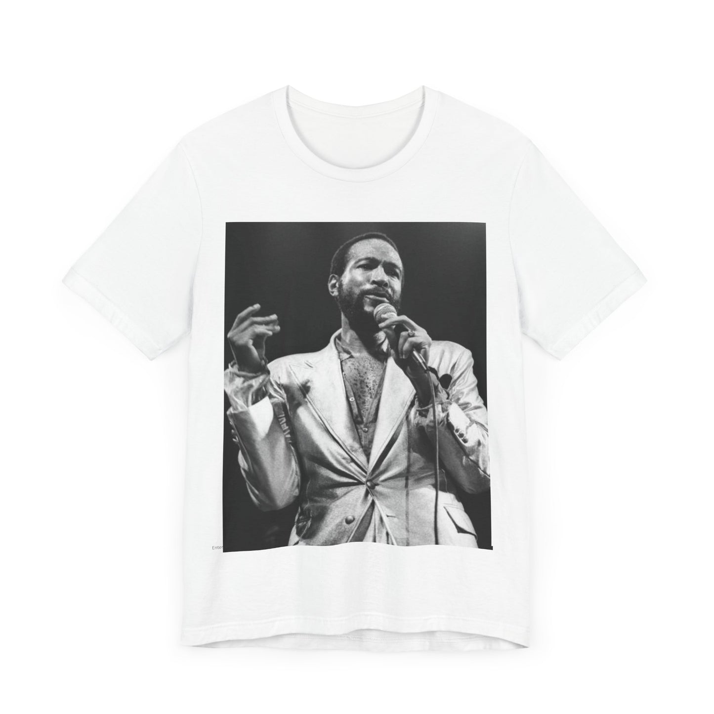 A black graphic t-shirt featuring a retro black and white photo or graphic of Marvin Gaye performing live on stage.