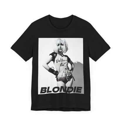 A black graphic t-shirt featuring a 70s punk graphic for Blondie, possibly with a 'vulture' motif or raw, edgy artwork.