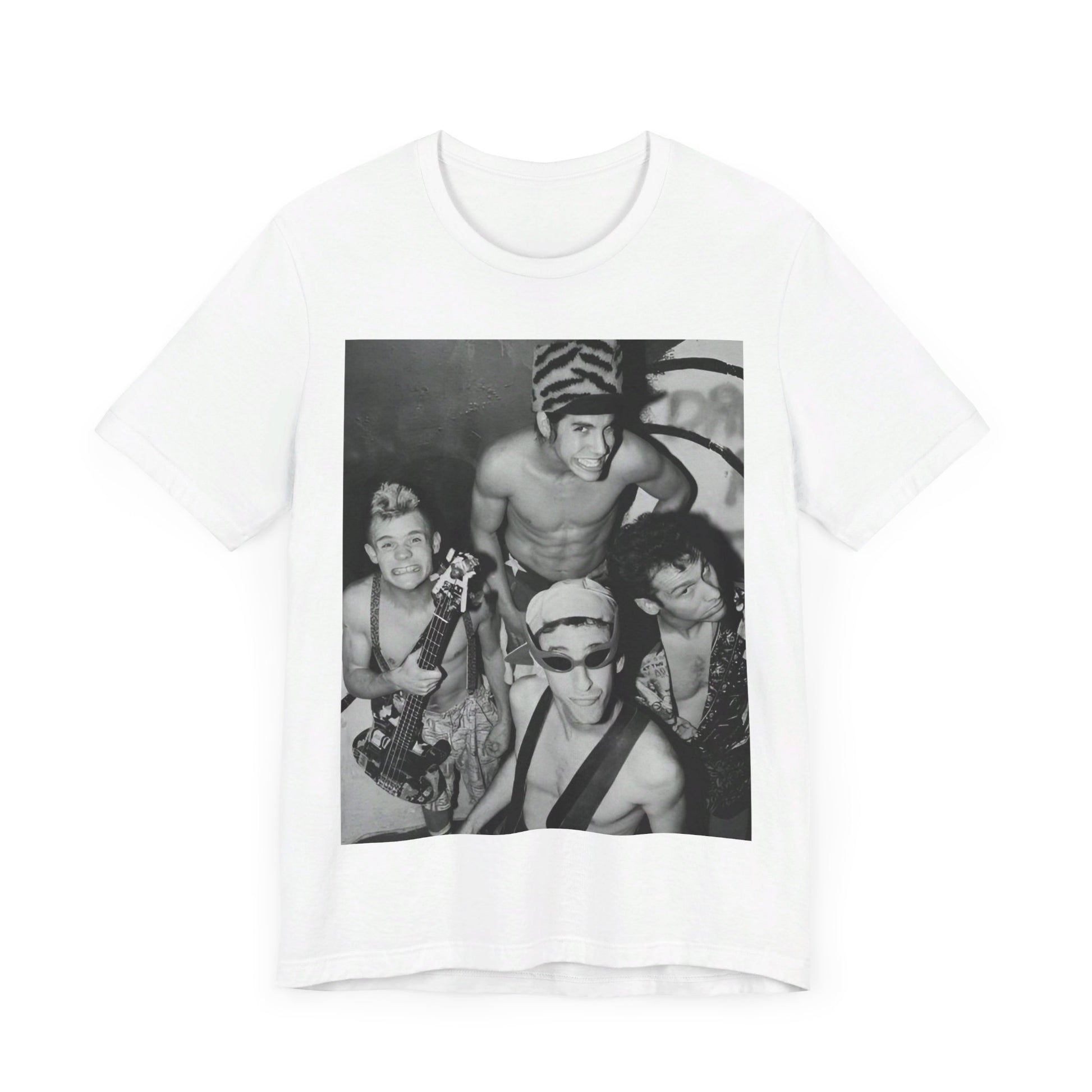 A black graphic t-shirt featuring an 80s vintage funk rock graphic of Red Hot Chili Peppers.