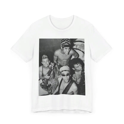 A black graphic t-shirt featuring an 80s vintage funk rock graphic of Red Hot Chili Peppers.