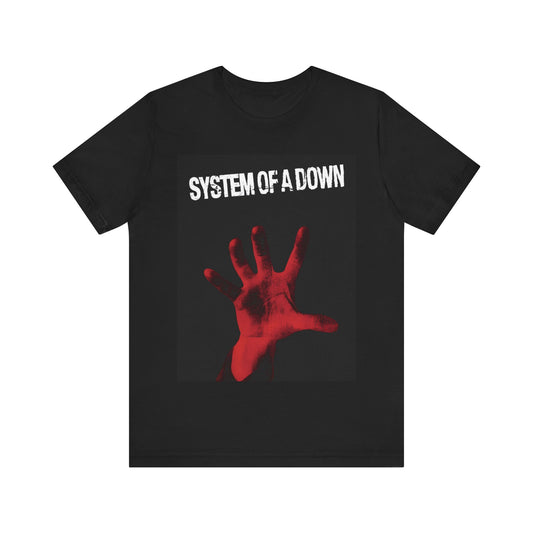 A black graphic t-shirt featuring a 1998 retro graphic of System of a Down.