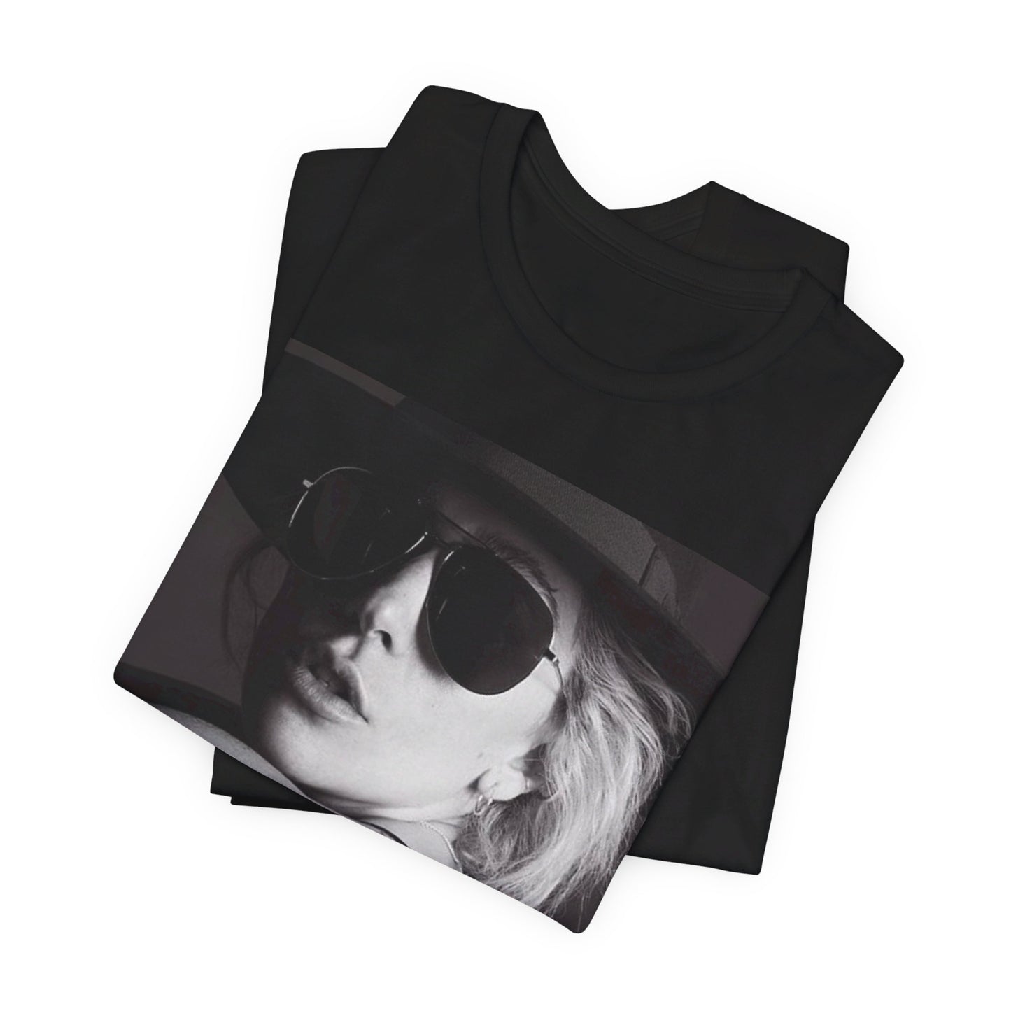 A black graphic t-shirt featuring a fierce graphic related to Lady Gaga's 'Bad Romance' song or era.