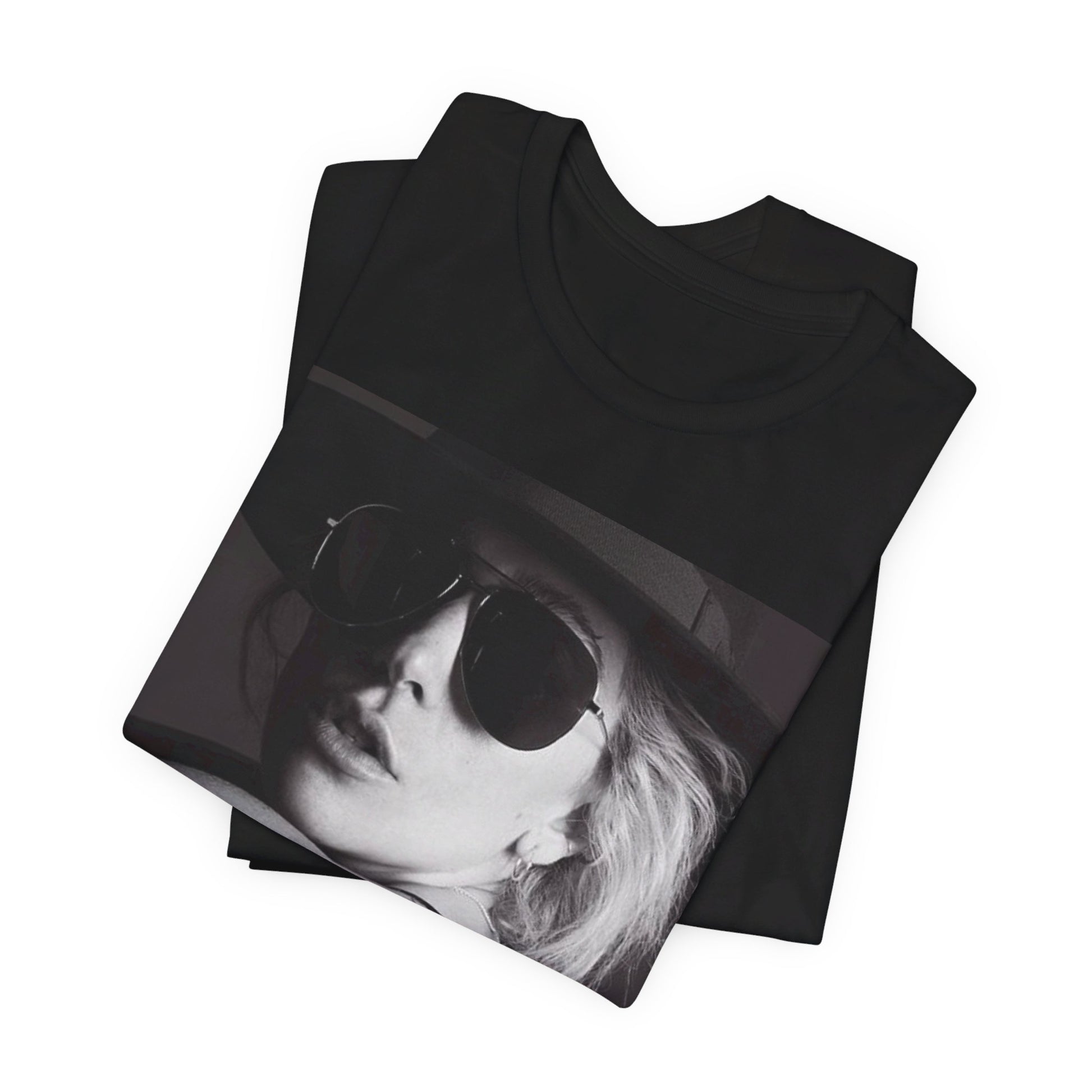 A black graphic t-shirt featuring a fierce graphic related to Lady Gaga's 'Bad Romance' song or era.