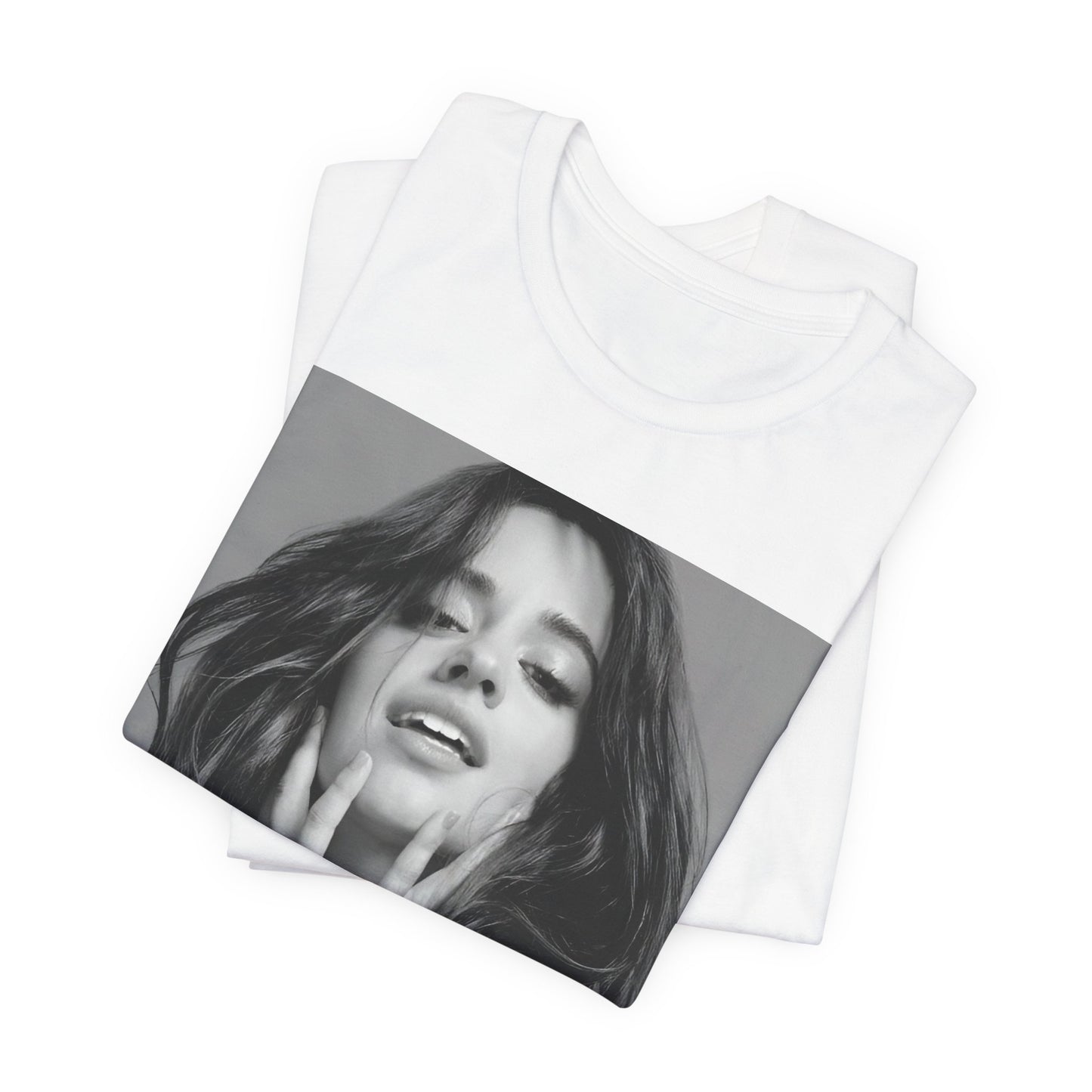 A black graphic t-shirt featuring a black and white portrait photo of Camila Cabello.