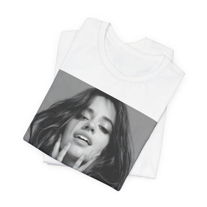 A black graphic t-shirt featuring a black and white portrait photo of Camila Cabello.