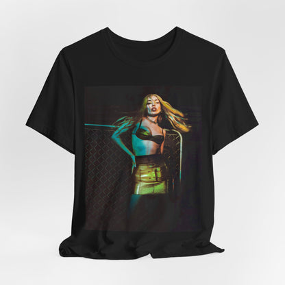 A black graphic t-shirt featuring a neon pop art style graphic of Ava Max, with bright, glowing colors and possibly a 'Pop Queen' title.