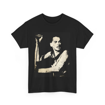 A black graphic t-shirt featuring a black and white graphic or photo of Depeche Mode performing live on stage.
