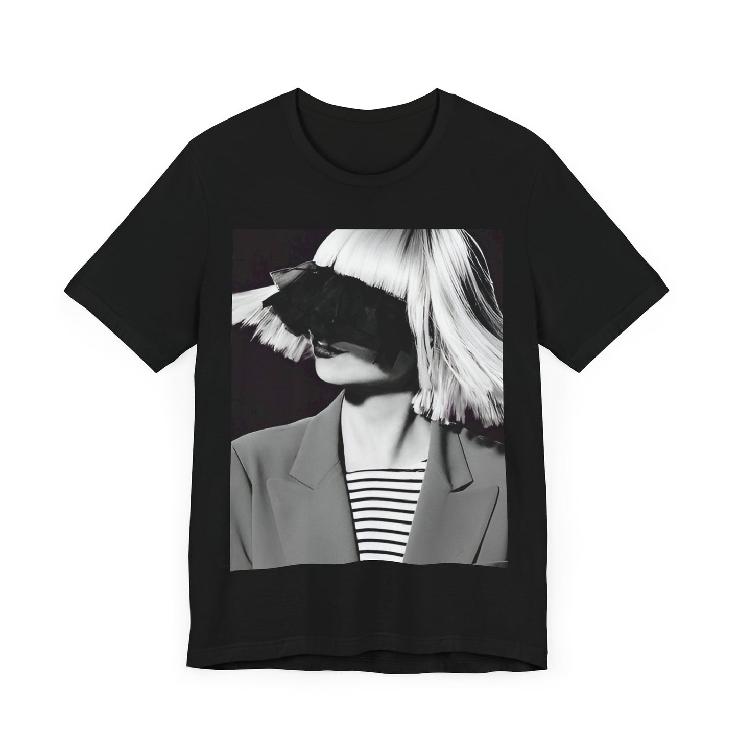 A black graphic t-shirt featuring a black and white portrait photo of Sia.