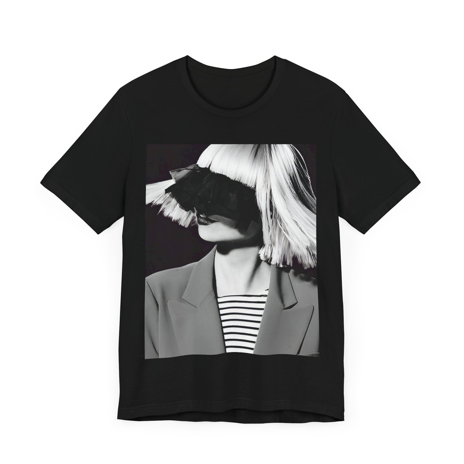 A black graphic t-shirt featuring a black and white portrait photo of Sia.