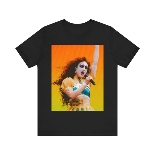 A black graphic t-shirt featuring a graphic of Chappell Roan, designed with a future pop aesthetic.