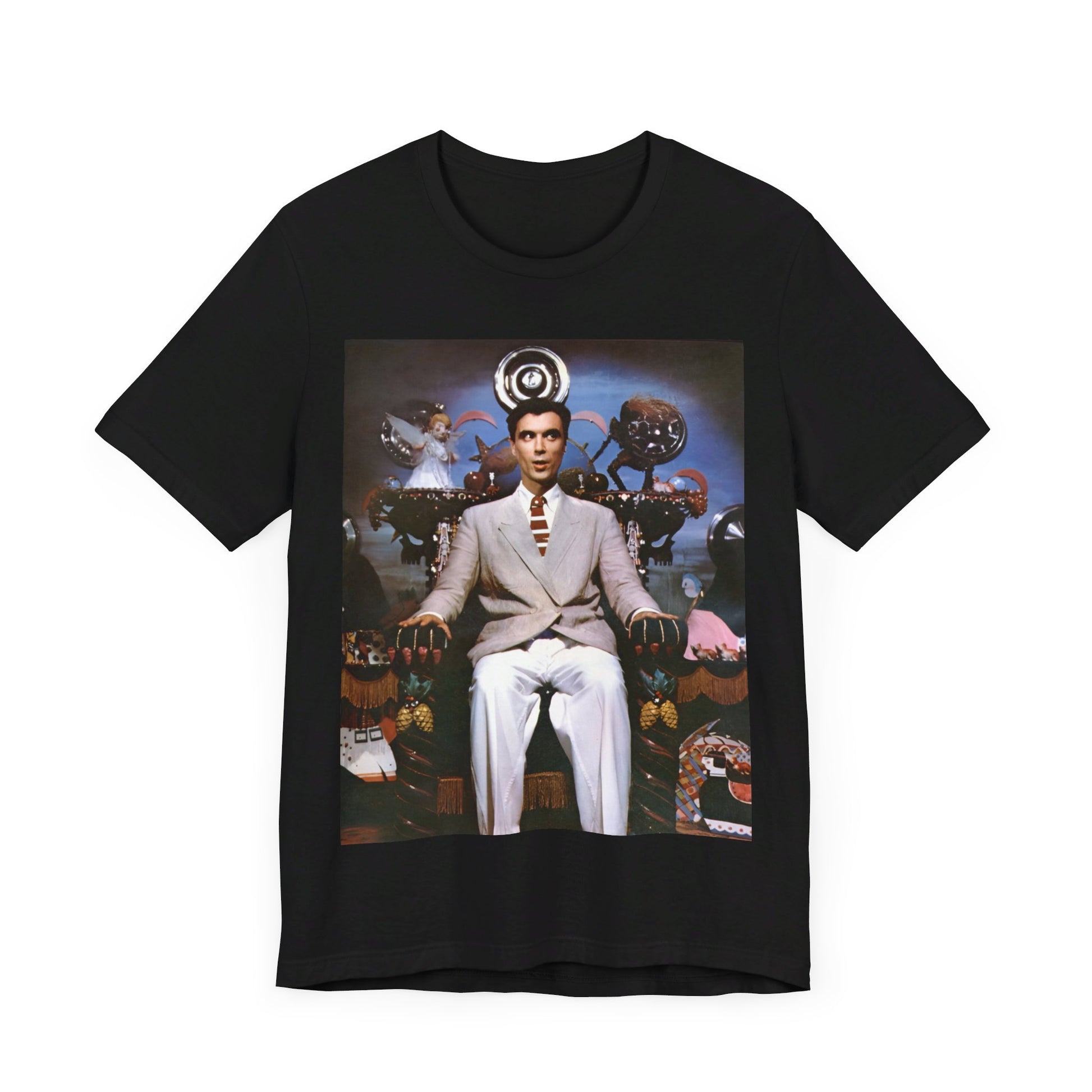 A black graphic t-shirt featuring a graphic related to Talking Heads' 'Psycho Killer' song or era.