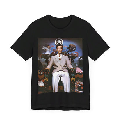 A black graphic t-shirt featuring a graphic related to Talking Heads' 'Psycho Killer' song or era.