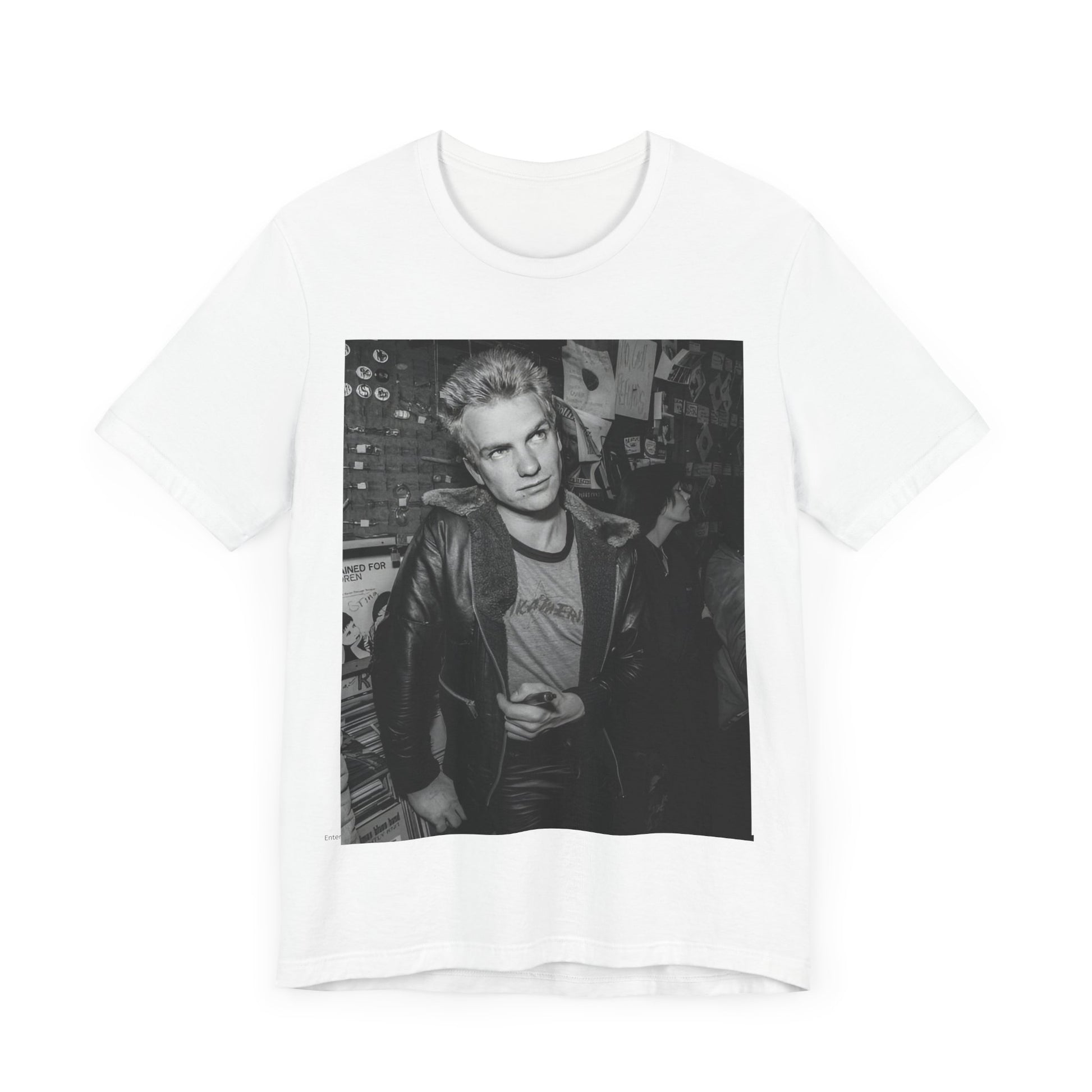 A black graphic t-shirt featuring a vintage black and white monochrome graphic or photo of Sting.