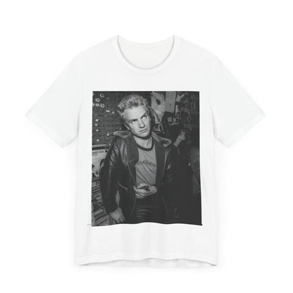A black graphic t-shirt featuring a vintage black and white monochrome graphic or photo of Sting.