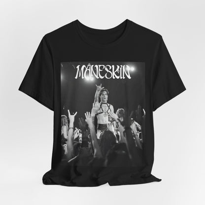 A black graphic t-shirt featuring a graphic or photo of Maneskin performing live.