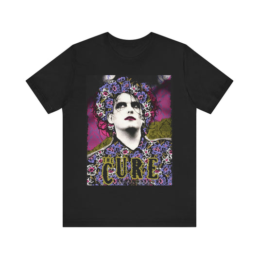 A black graphic t-shirt featuring a retro rock aesthetic pop art graphic of The Cure.