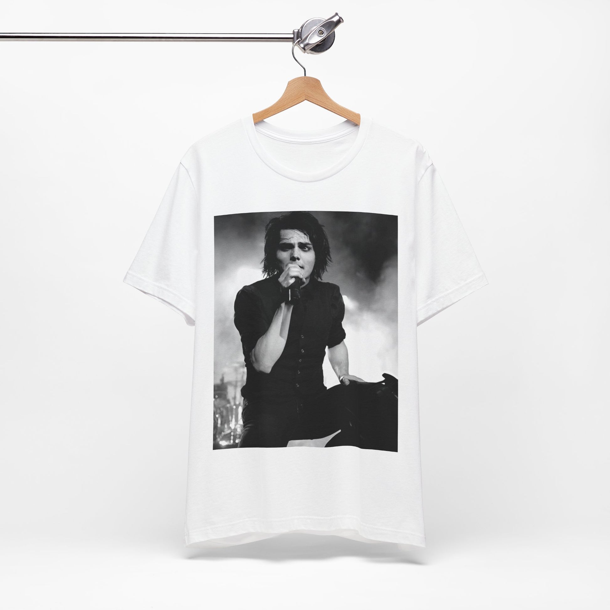 A black graphic t-shirt featuring a black and white graphic or photo of My Chemical Romance performing live in concert.