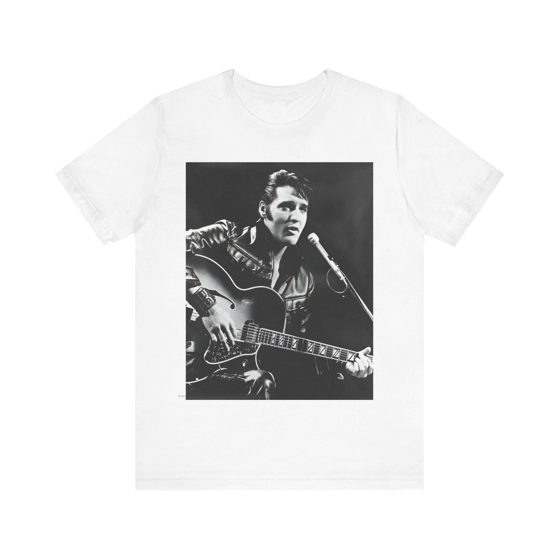 A black graphic t-shirt featuring a graphic related to Elvis Presley's 'Burning Love' song or era.