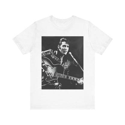 A black graphic t-shirt featuring a graphic related to Elvis Presley's 'Burning Love' song or era.