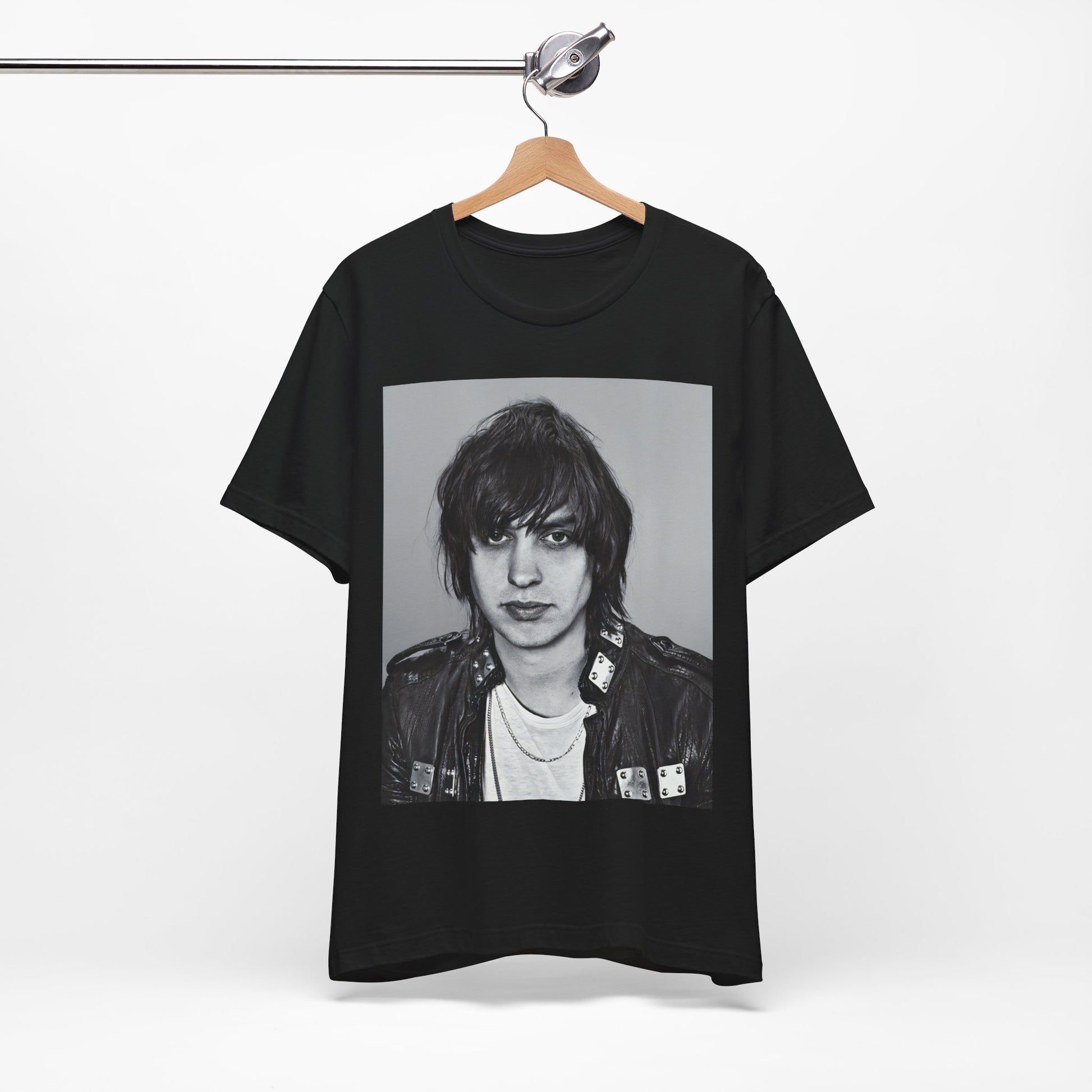 A black graphic t-shirt featuring a portrait photo of Julian Casablancas from The Strokes.