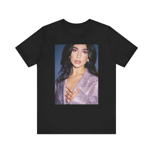 A black graphic t-shirt featuring a retro photo of Dua Lipa as a dance floor queen.