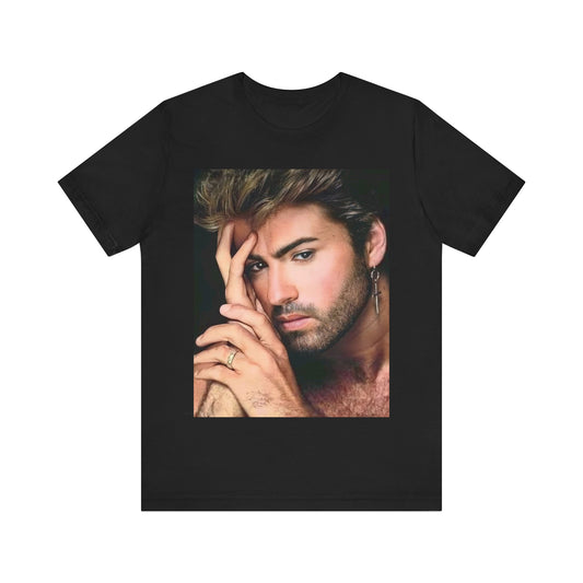 A black graphic t-shirt featuring a graphic of George Michael with a feel-good 80s vibe.