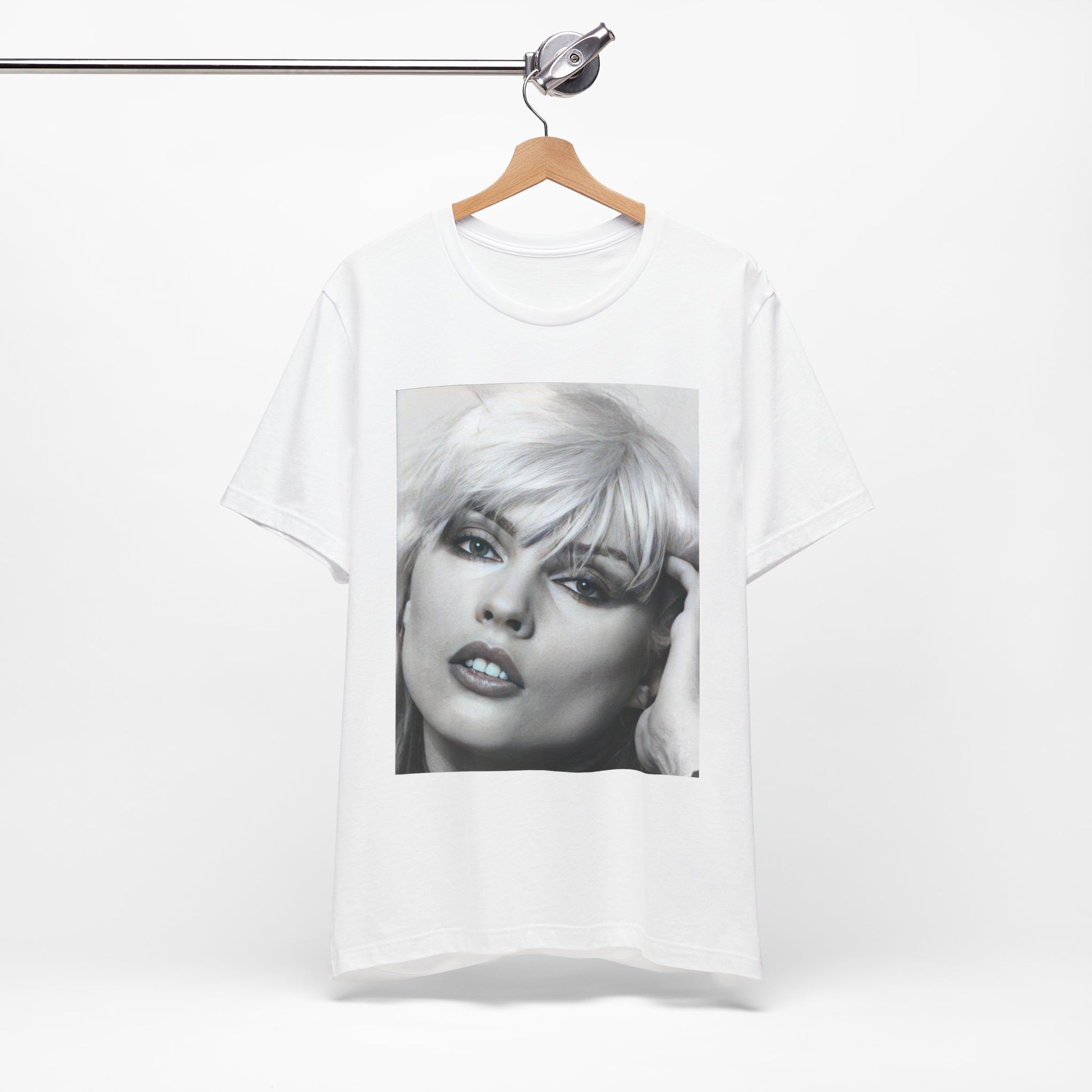 A black graphic t-shirt featuring an iconic black and white portrait photo of Debbie Harry from Blondie.