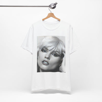 A black graphic t-shirt featuring an iconic black and white portrait photo of Debbie Harry from Blondie.