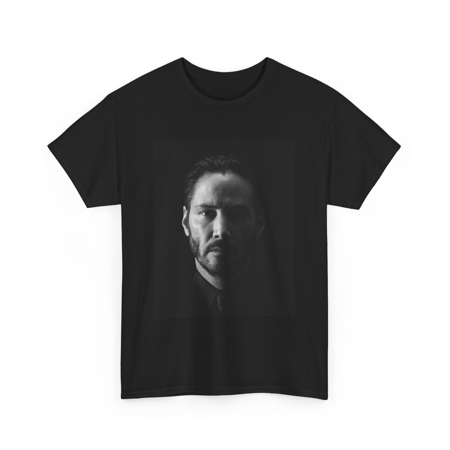 A black graphic t-shirt featuring a graphic of Keanu Reeves as John Wick.