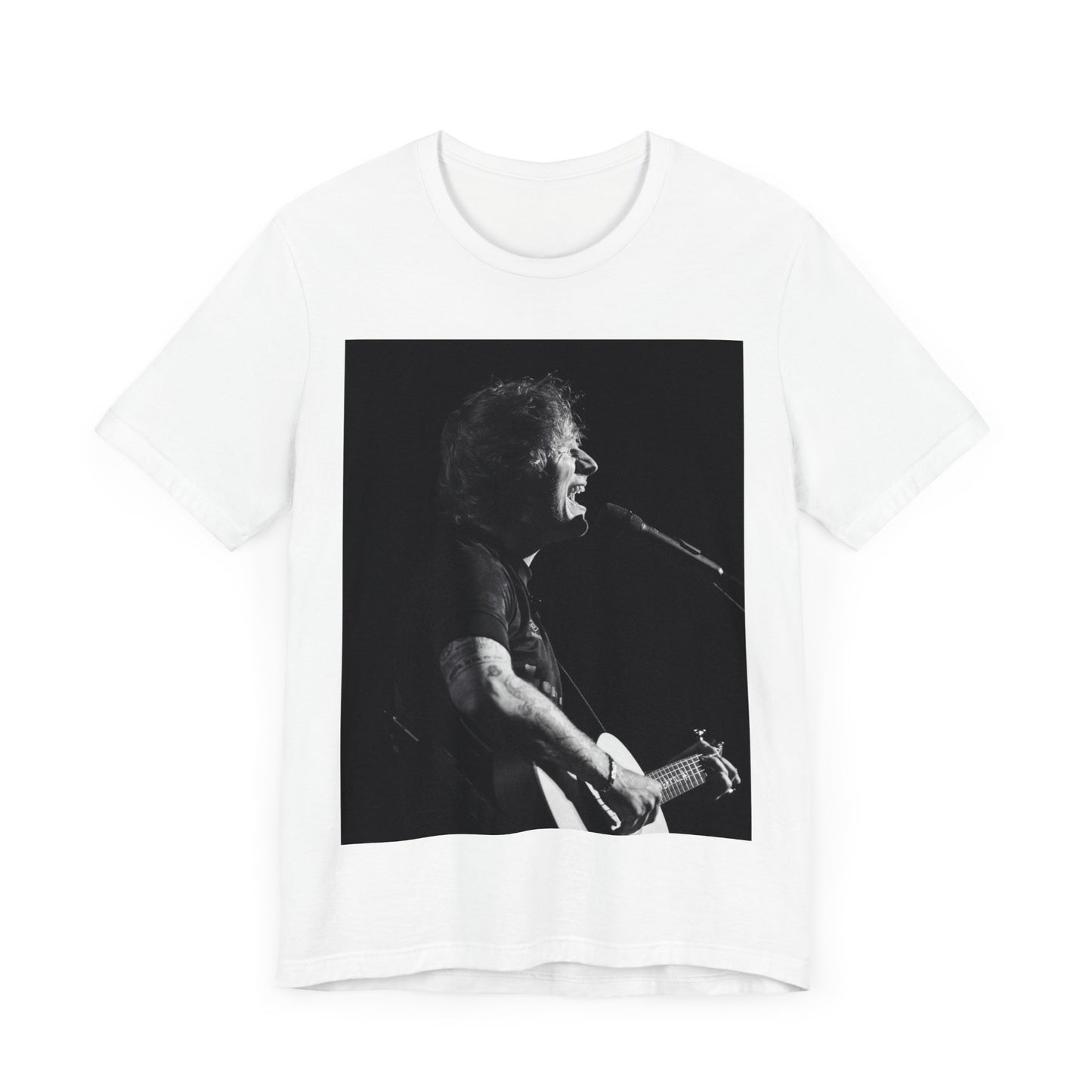 A black graphic t-shirt featuring a graphic related to Ed Sheeran's stadium tour.
