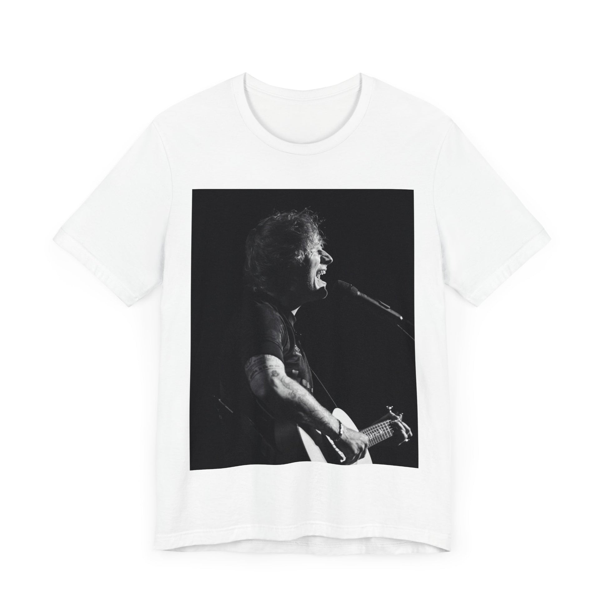 A black graphic t-shirt featuring a graphic related to Ed Sheeran's stadium tour.