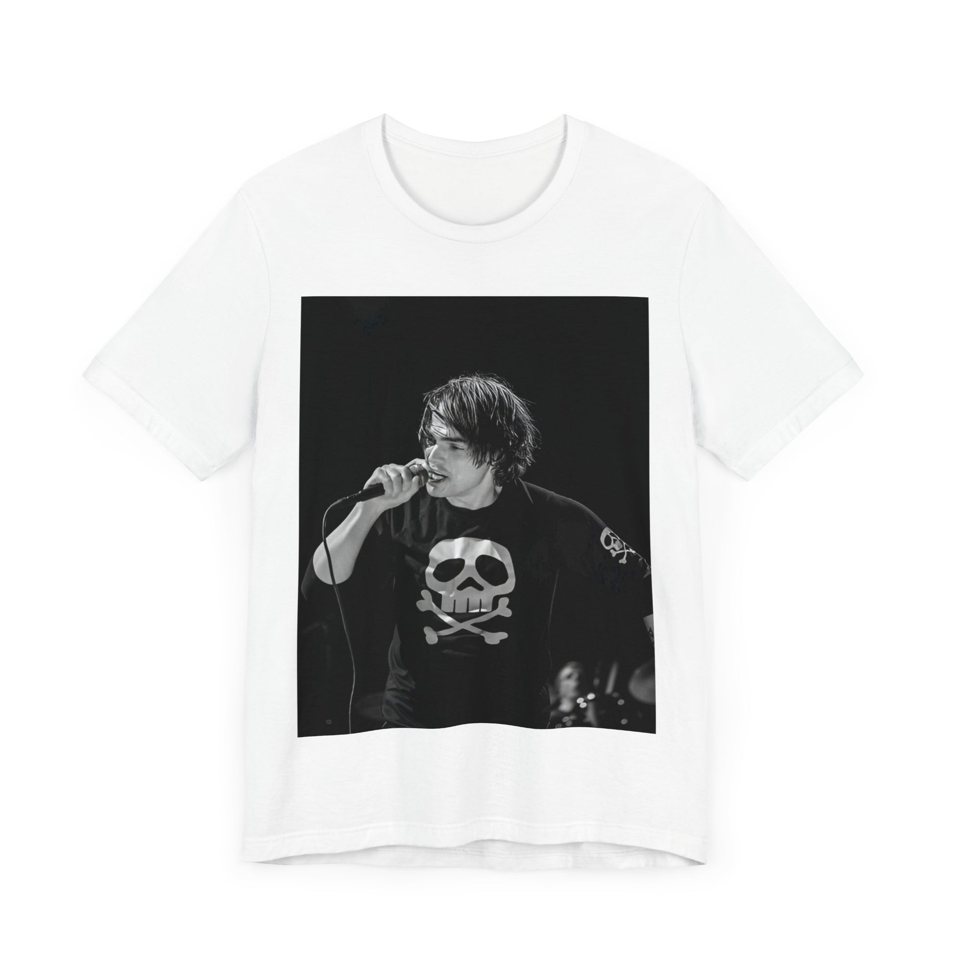 A black graphic t-shirt featuring a black and white portrait photo of Gerard Way from My Chemical Romance.