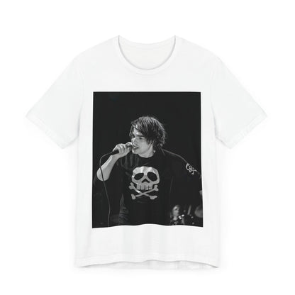 A black graphic t-shirt featuring a black and white portrait photo of Gerard Way from My Chemical Romance.