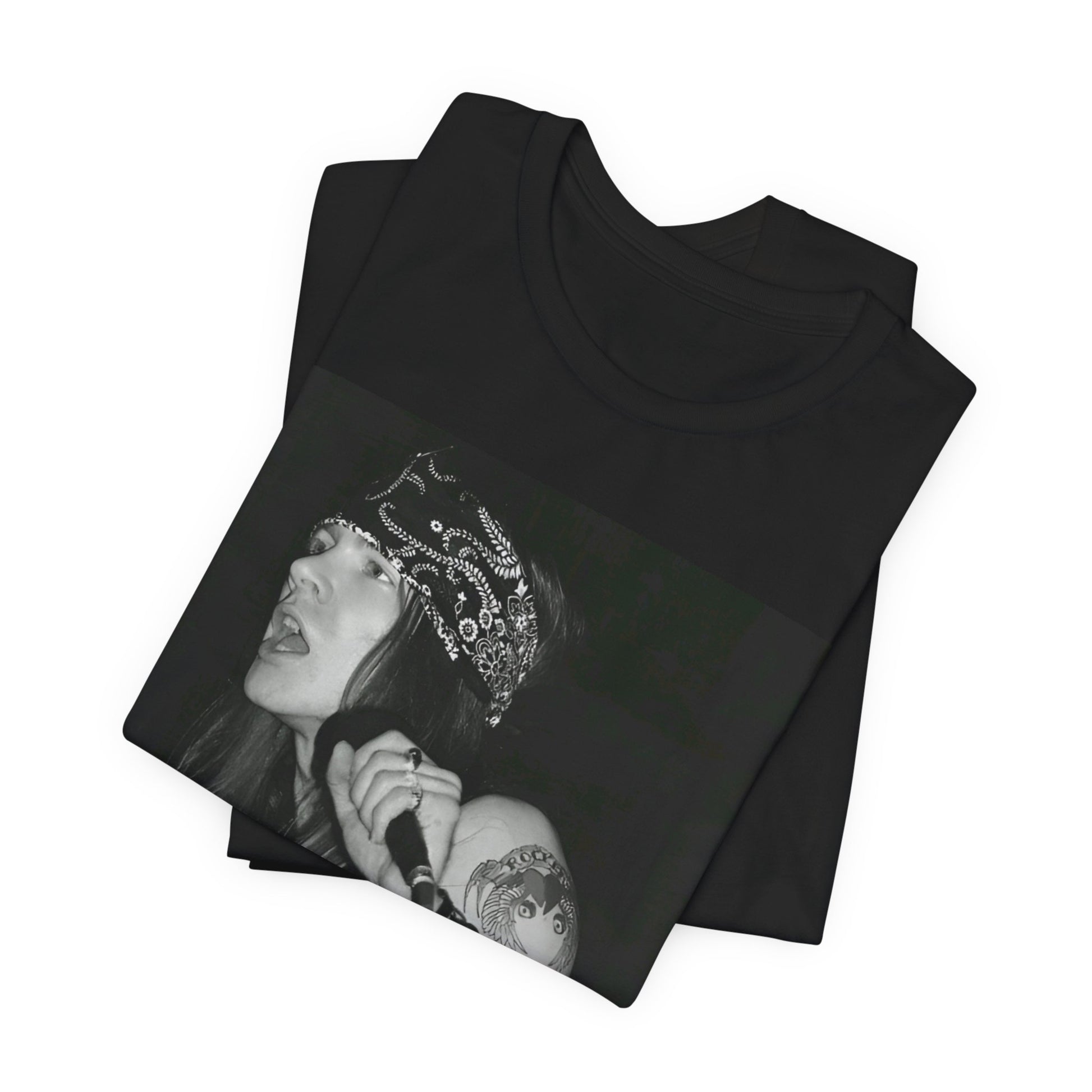 A black graphic t-shirt featuring a black and white portrait photo of the band Guns N' Roses.