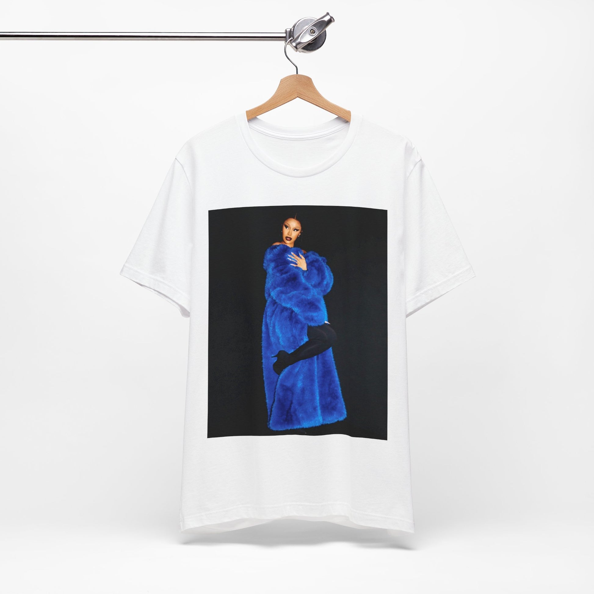 A black graphic t-shirt featuring a photo of Cardi B, possibly with blue velvet elements or a luxurious blue aesthetic.