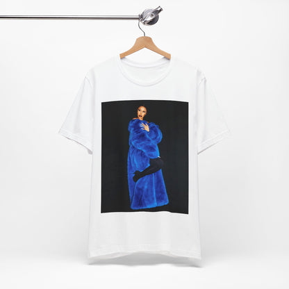 A black graphic t-shirt featuring a photo of Cardi B, possibly with blue velvet elements or a luxurious blue aesthetic.