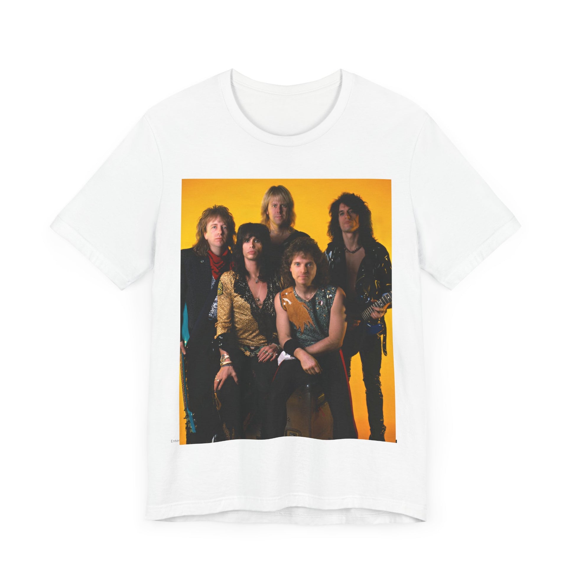 A black graphic t-shirt featuring a band photo of Aerosmith from the 1980s, showing the members in their iconic styles from that decade.