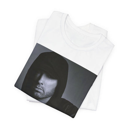 A black graphic t-shirt featuring a black and white, monochrome graphic or photo of Eminem.