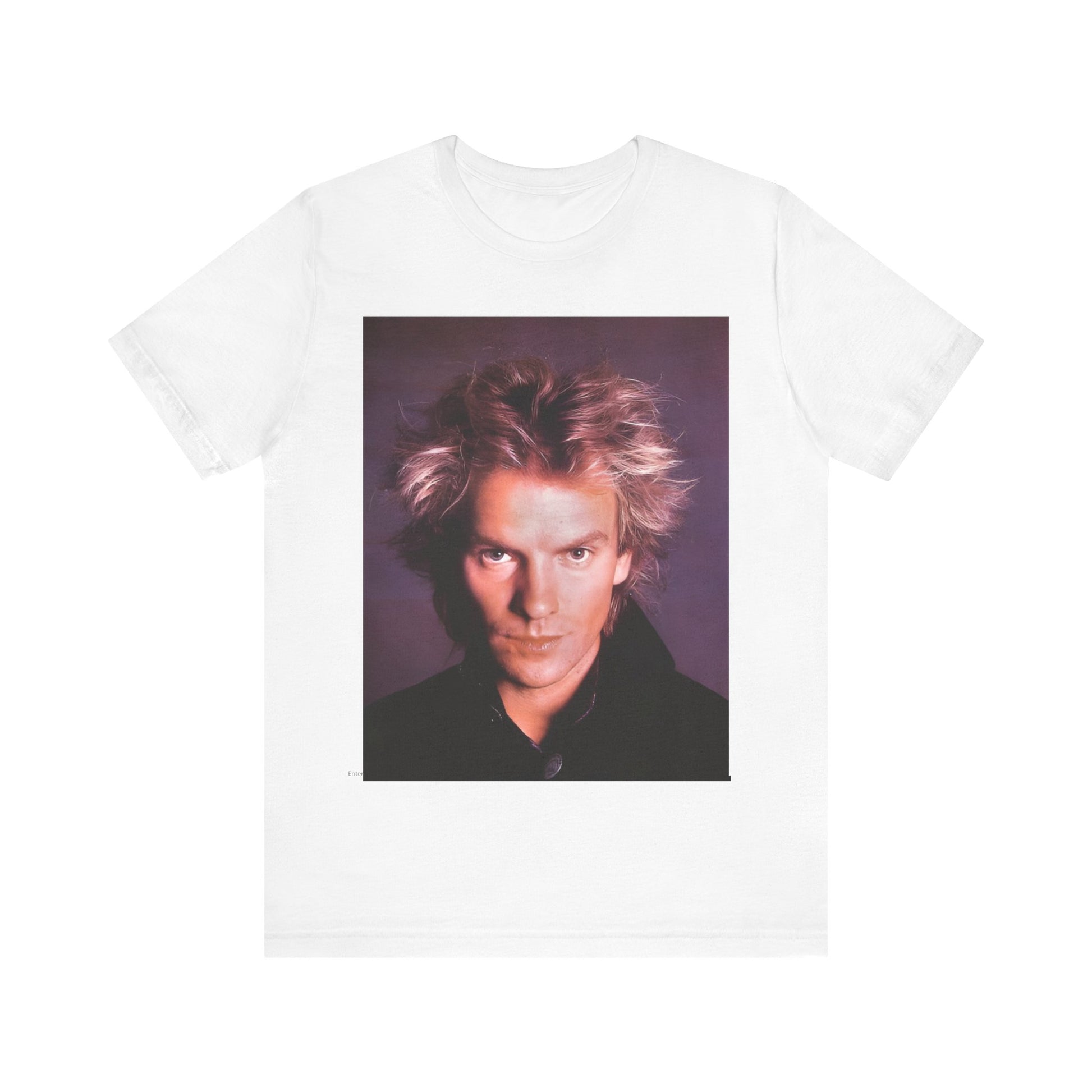 A black graphic t-shirt featuring a graphic related to Sting's 'Every Breath You Take' song or era.