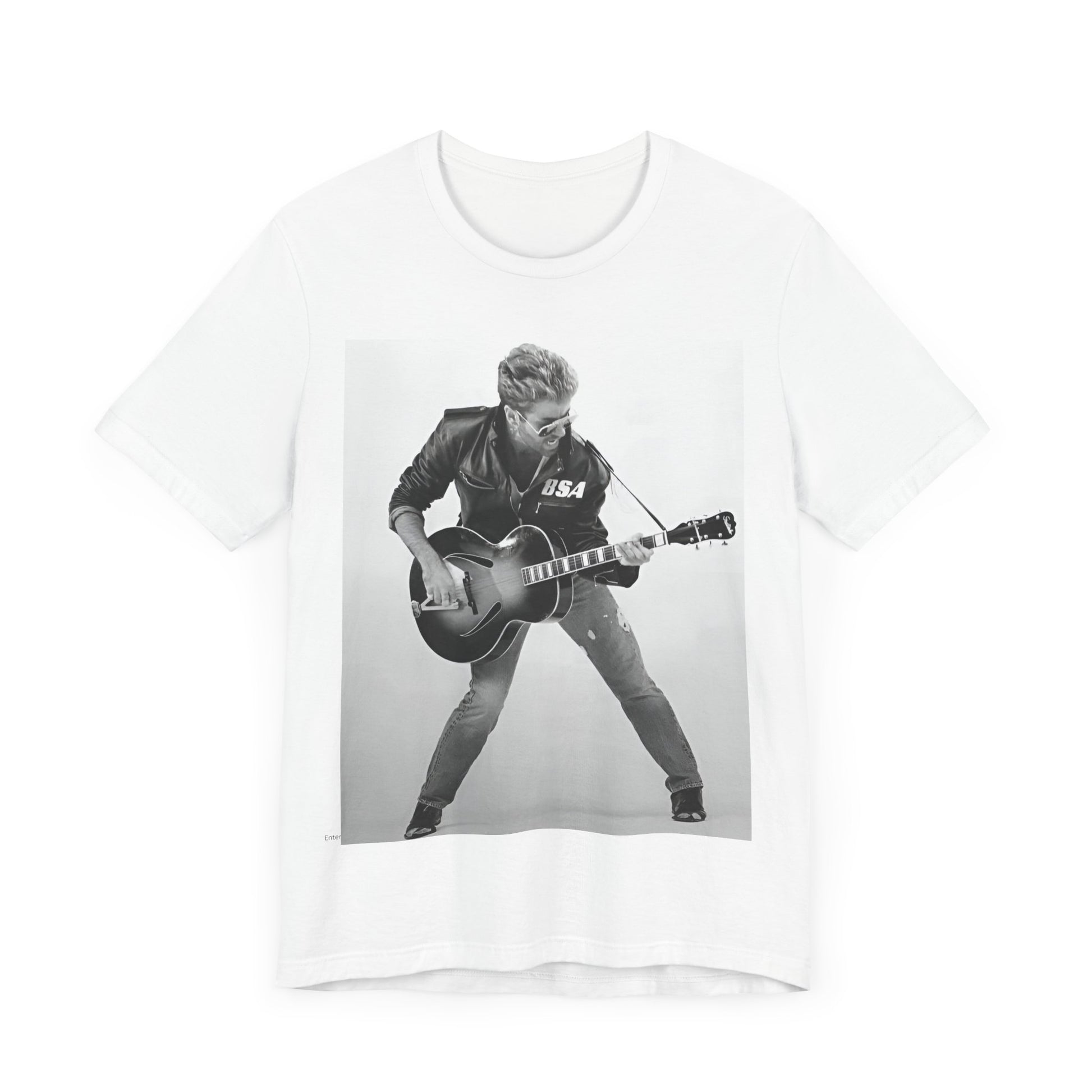 A black graphic t-shirt featuring a graphic of George Michael with a guitar.