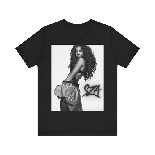 A black graphic t-shirt featuring a black and white portrait photo of SZA.