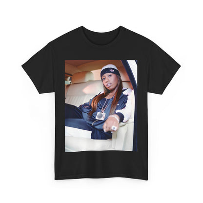 A black graphic t-shirt featuring a casual hip hop fan graphic of Missy Elliott.