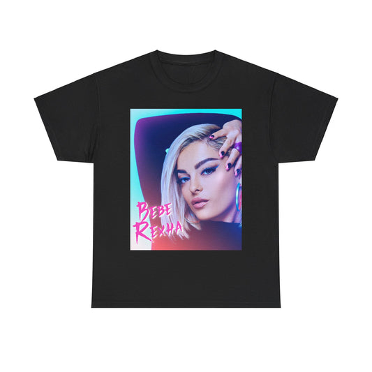 A black graphic t-shirt featuring a stylized graphic of Bebe Rexha, emphasizing her pop star persona.